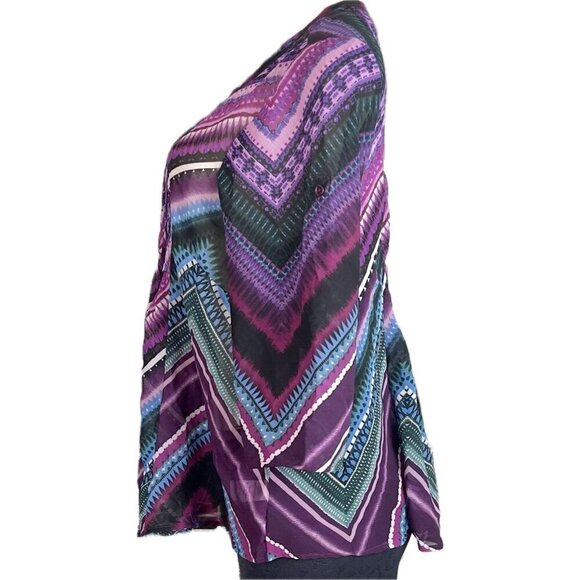 Roaman's 12W Purple Geometric Semi-Sheer Split Neck Pin-Tuck 3/4 Sleeve Blouse - Picture 5 of 6